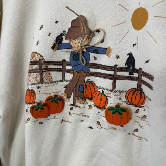 Vintage Jerzees Crewneck Sweatshirt Size L Off White Fall Pumpkin Grandma Scare - Picture 6 of 11